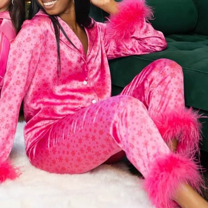 Noël femmes 2 pièces pyjama ensemble à manches longues gland clapet revers boutonné chemise hauts pantalons vêtements
