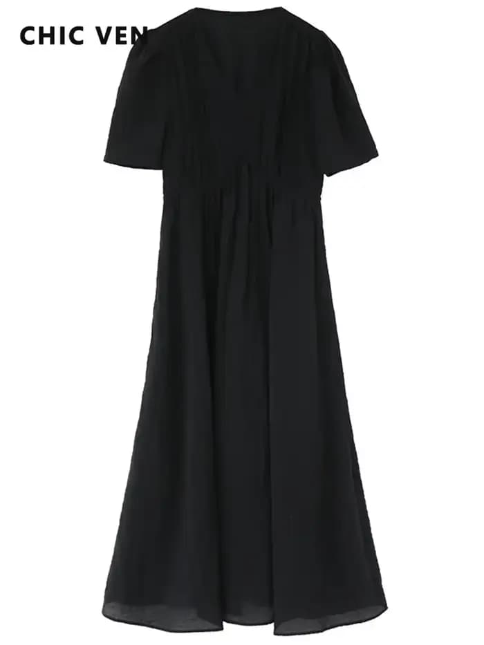 CHIC VEN-Robe longue à manches bouffantes et col en V pour femme