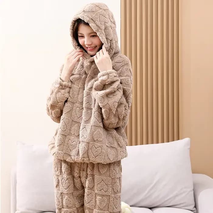 Ensemble de pyjama en polaire pour femme, vêtements de détente en polaire corail texturé à capuche, vêtements de nuit chauds en 2 pièces pour dames