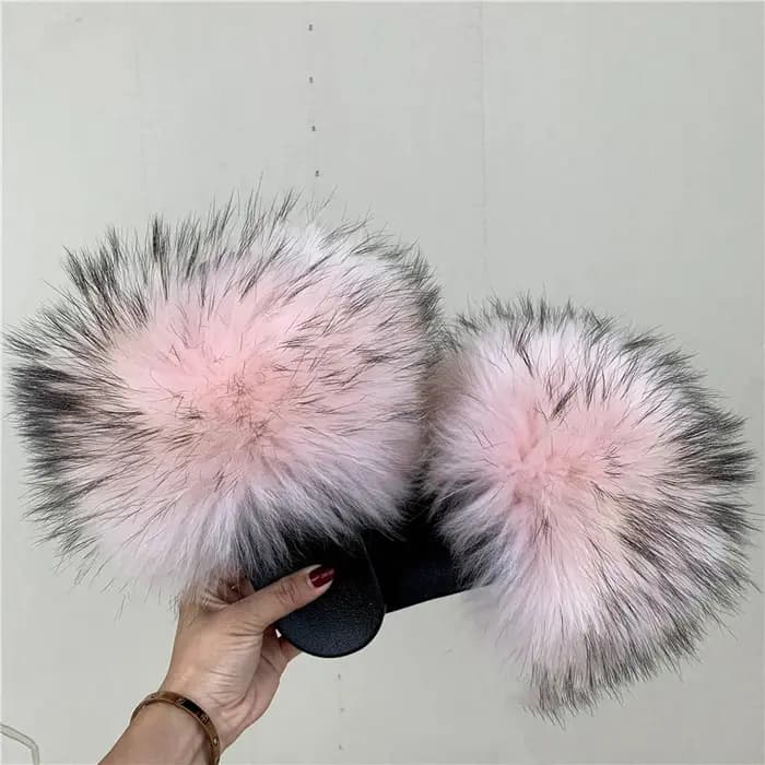 Pantoufles en fourrure de raton laveur naturelle pour femmes