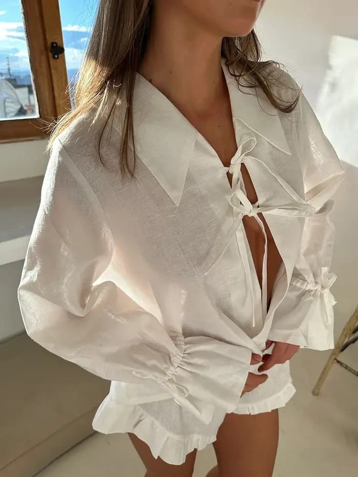 Marthaqiqi-Pyjama à manches longues et col rabattu pour femme