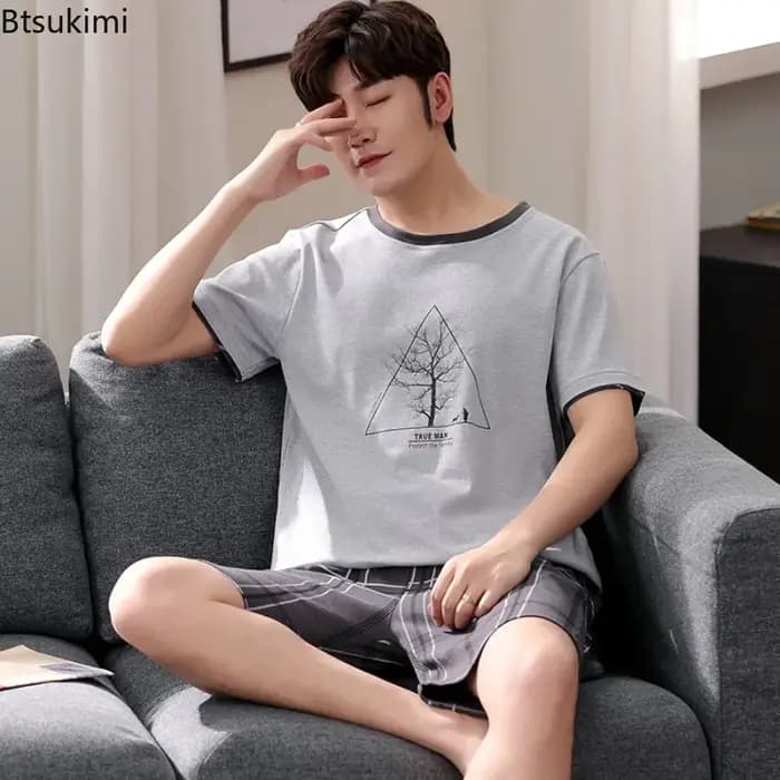 Soldes d'été : Ensemble pyjama homme en coton deux pièces – T-shirt à manches courtes et short décontracté et tendance pour la maison