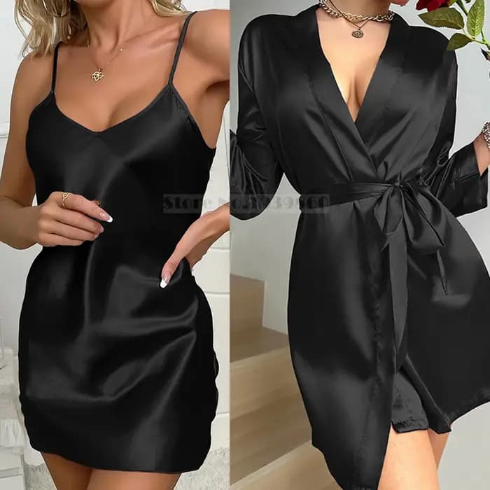 Mini robe kimono noire en satin pour la maison