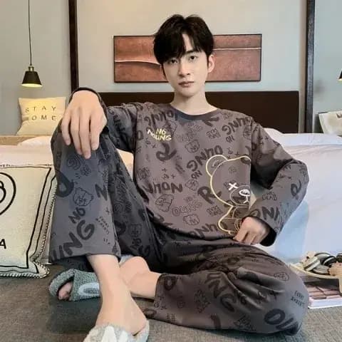 Ensemble deux pièces automne hiver femmes pyjamas hommes à manches longues dessin animé lettres ours pull vêtements de nuit dames grande taille Homewear