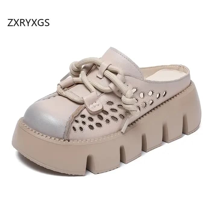 ZXRYXGS 2025 été Premium en cuir véritable creux bout rond extérieur pantoufle femmes sandales plate-forme hauteur augmenter pantoufles