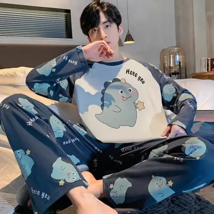 Pyjamas en coton hommes à manches longues adolescents grande taille vêtements de nuit Homewear col rond dessin animé