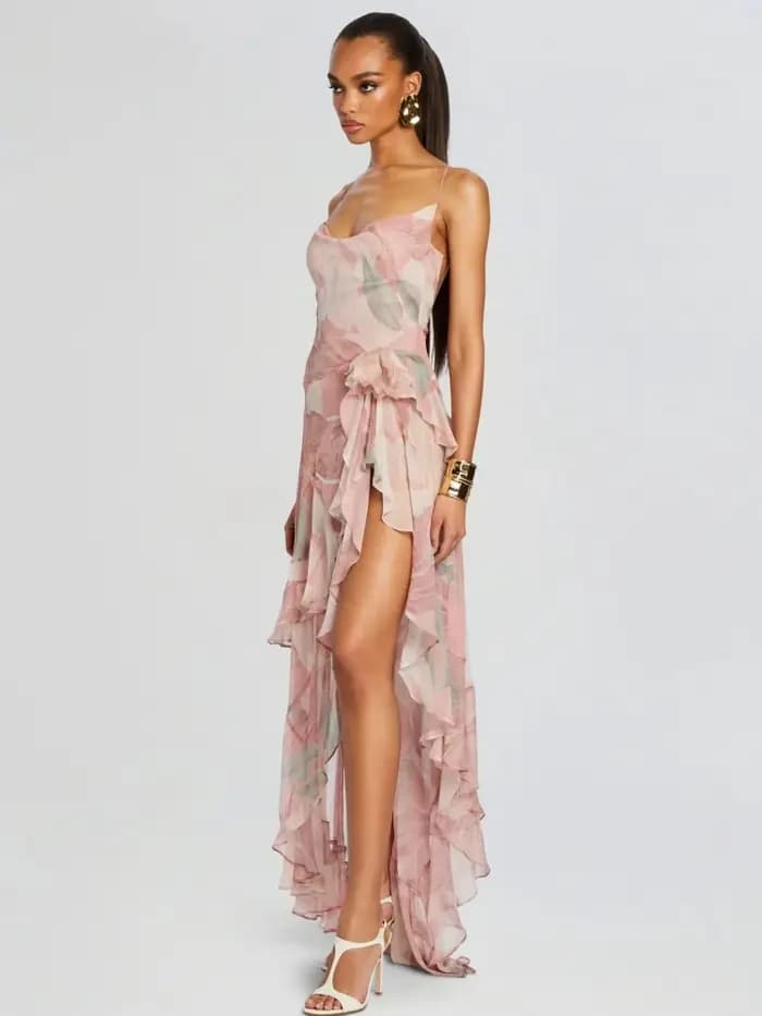 Robe longue d'été sexy à bretelles spaghetti imprimée avec volants fendus pour femme