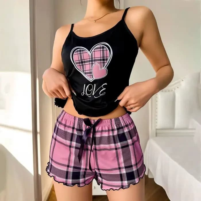 Ensemble de pyjama femme tendance motif cœur avec nœud