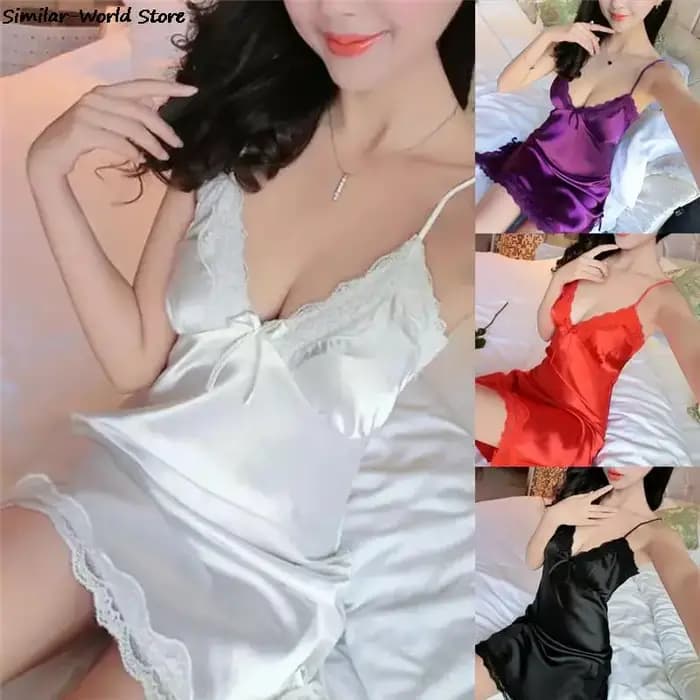 Femmes Sexy chemise de nuit profonde V déshabillé en dentelle Lingerie soie Satin nuisette