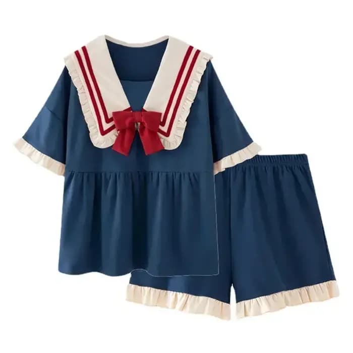 Pyjama Princess Wind pour femmes, vêtements de maison doux, col en beurre trempé, vêtements de nuit pour filles, robe Kawaii, manches courtes solides, short, ensemble 2 pièces