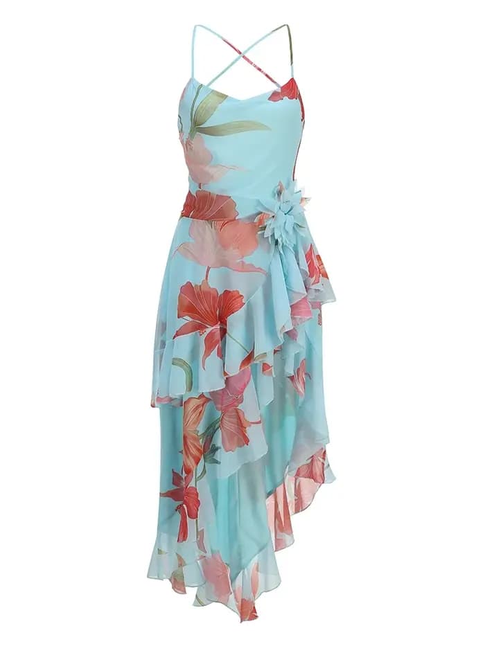 Robe longue d'été sexy à bretelles spaghetti imprimée avec volants fendus pour femme, sans manches,