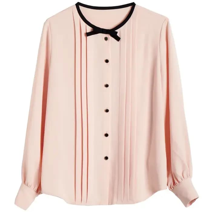Chemisier en Chiffon OLrain pour Femme 2026 Rose Épissé Col Rond Nœud Bouton Blouse de Bureau Manches Longues Élégante M56QC52985