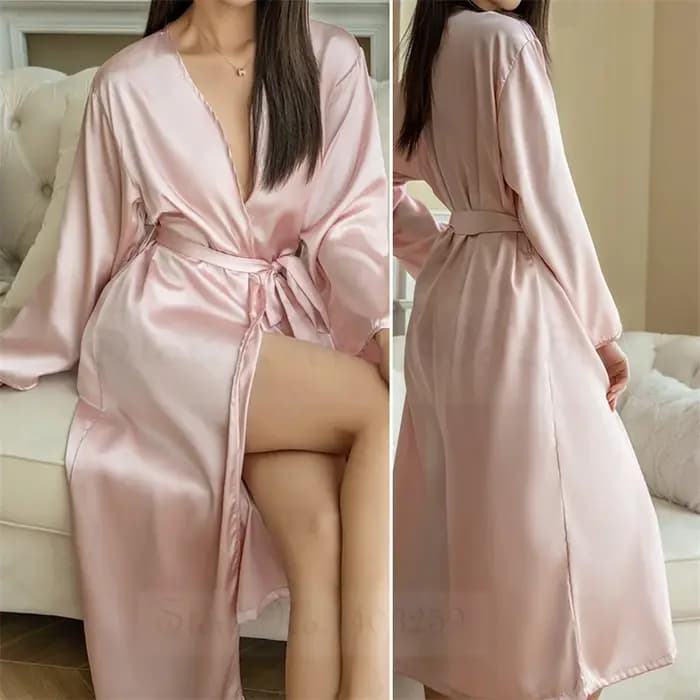 Peignoir Kimono Long en Satin pour Femme, Vêtements de Maison Sexy, Lingerie de Nuit, Printemps et Automne
