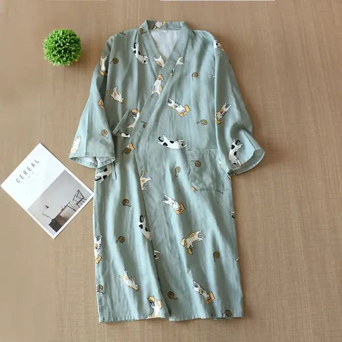 Robe de Nuit Femme 2026 100% Coton, Kimono à Manches Trois-Quarts, Pyjama Ample avec Imprimé Chat de Dessin Animé, Peignoir pour Couple