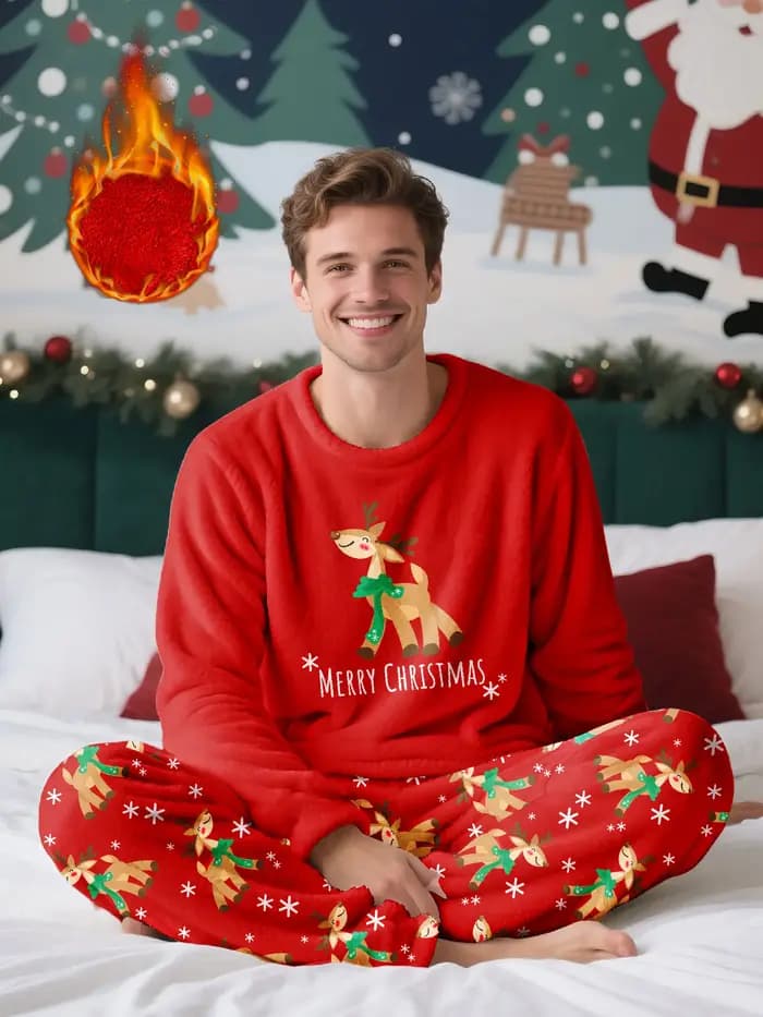 Ensemble pyjama en polaire pour homme sur le thème de Noël, comprenant un haut à manches longues et