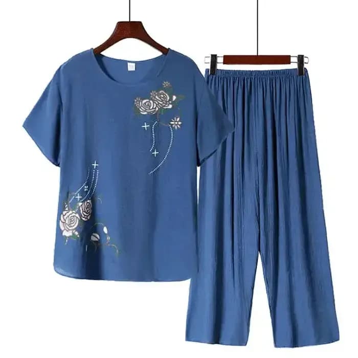 Ensemble de pyjama en lin et coton à imprimé floral pour femmes âgées, manches courtes, ample, grande taille, tenue d'été pour maman, tenue à domicile en deux pièces