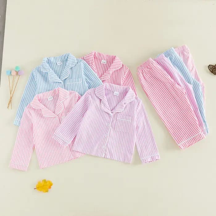 Ensembles de pyjama pour enfants, filles et garçons, chemises rayées à manches longues boutonnées, hauts et pantalons, vêtements de nuit 2 pièces, tenues de détente