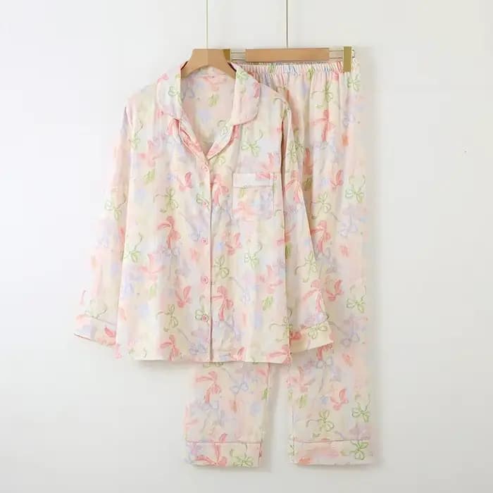 2025 printemps et automne femmes nouveau pyjama ensemble 100% coton crêpe à manches longues pantalon
