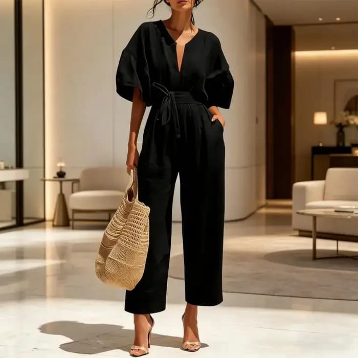 Combinaison confortable en coton et lin pour femme, avec poches, manches courtes cloche, col en V, jambes larges, pour l'été