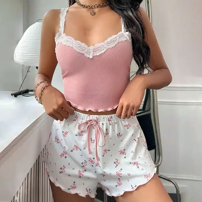 Femmes pyjama ensemble dentelle Patchwork col en v vêtements de nuit Sexy nuisettes costume Camisole haut imprimé