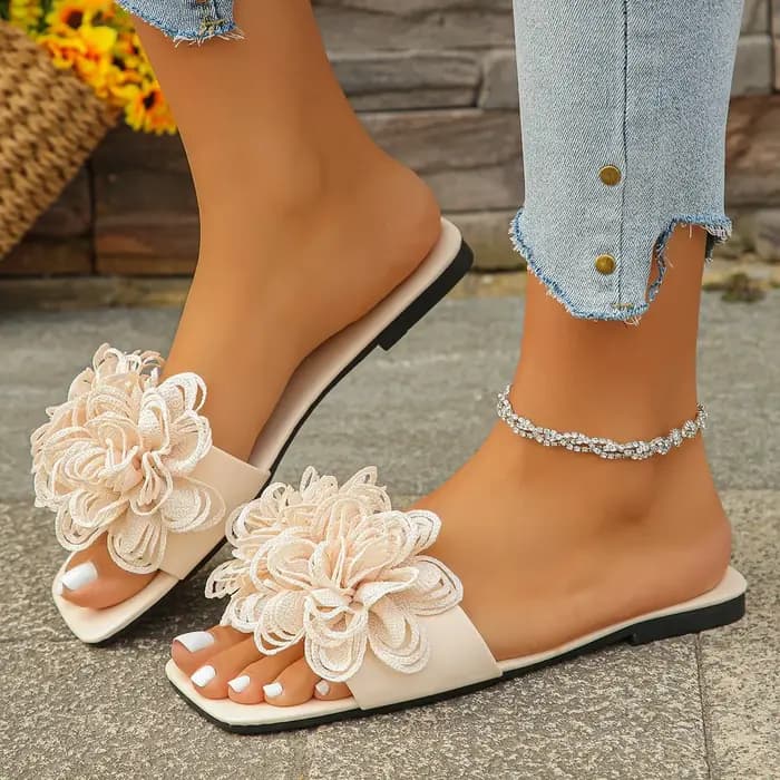 Crochet fleur glisser sandales femme été rose bleu Floral Mule pantoufles dames arc-en-ciel couleur en plein air vacances sans lacet chaussure plate