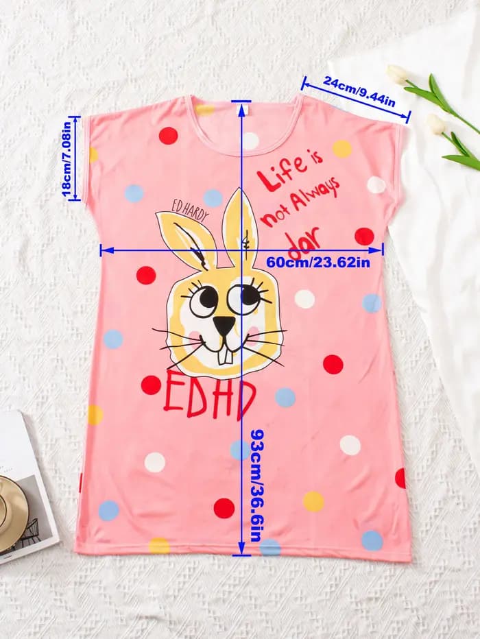 Pyjama décontracté rose à motif de lapin de dessin animé, pyjama confortable et adorable à manches c