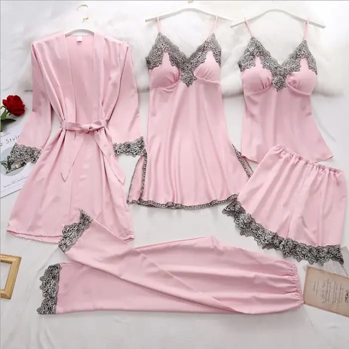 5 pièces femmes pyjama ensembles quatre saisons dentelle brodé soyeux vêtements de nuit pyjamas Home
