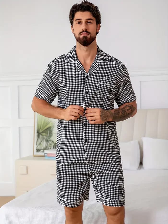 Ensemble de pyjama en crêpe à carreaux pour homme