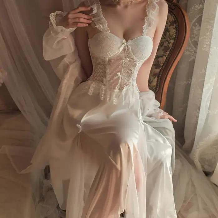 Sexy longue mariage Twinset Robe ensemble chemise de nuit Patchwork dentelle jarretelle