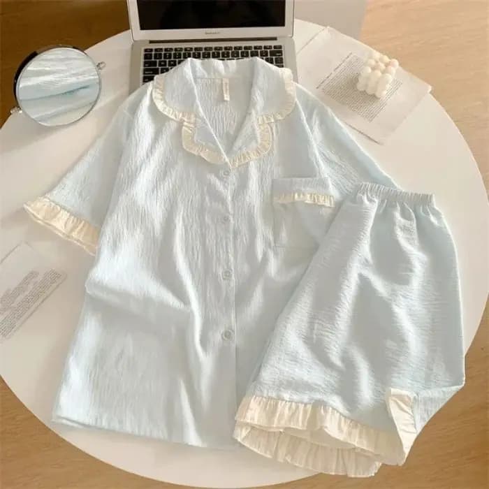 Ensemble de pyjama à volants pour femme, doux, nouvelle collection été 2026, vêtements de nuit unis, simples, à manches courtes, 2 pièces, tenue décontractée coréenne, douce tenue de nuit