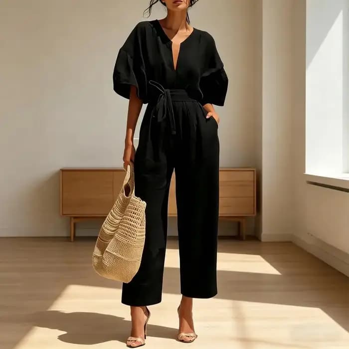 Combinaison confortable en coton et lin pour femme, avec poches, manches courtes cloche, col en V, jambes larges, pour l'été