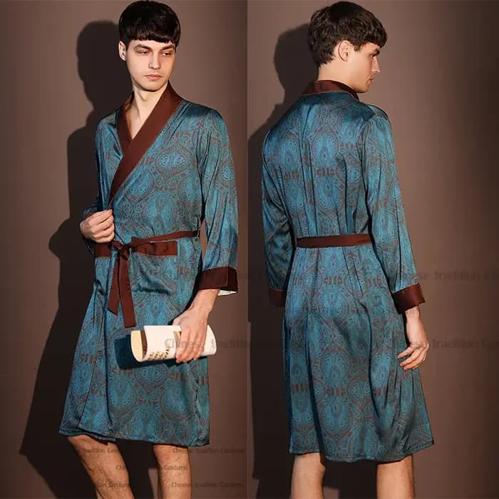 Robe en Satin pour hommes, vêtements de nuit imprimés, vêtements de maison, Kimono ample, vêtements de nuit en soie glacée, peignoir à revers, poche, vêtements de détente, nouvelle collection été prin