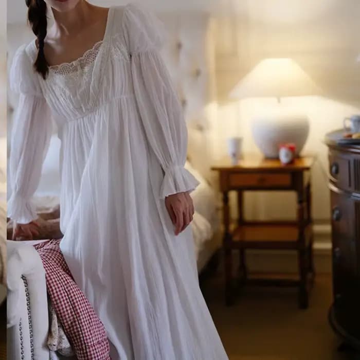 Princesse dentelle blanche longue mi-mollet chemises de nuit printemps manches longues français col carré chemise