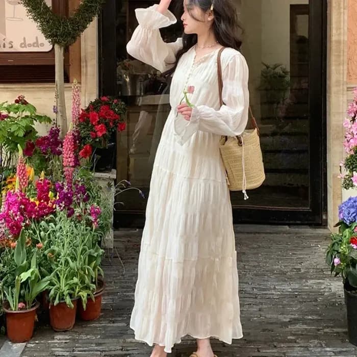 Robe longue plissée à manches évasées pour femmes