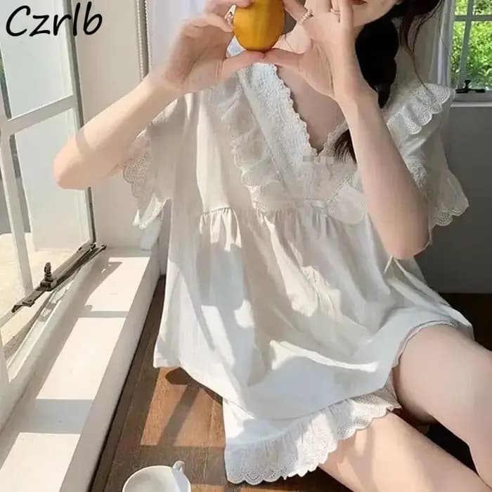 M-5XL pyjama ensembles femmes princesse adt maison à manches courtes doux volants style coréen solide mode été décontracté chic vêtements de nuit