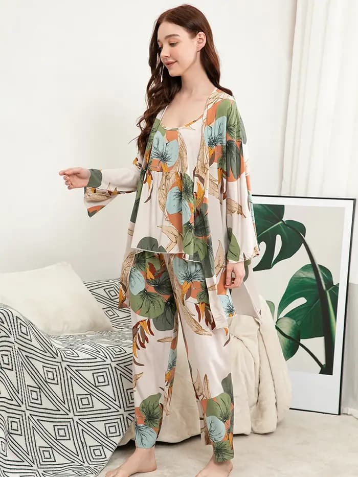 Ensemble pyjama 100% Viscose pour femmes, 3 pièces, vêtements de nuit amples pour la maison, imprimés, grande taille S-3XL