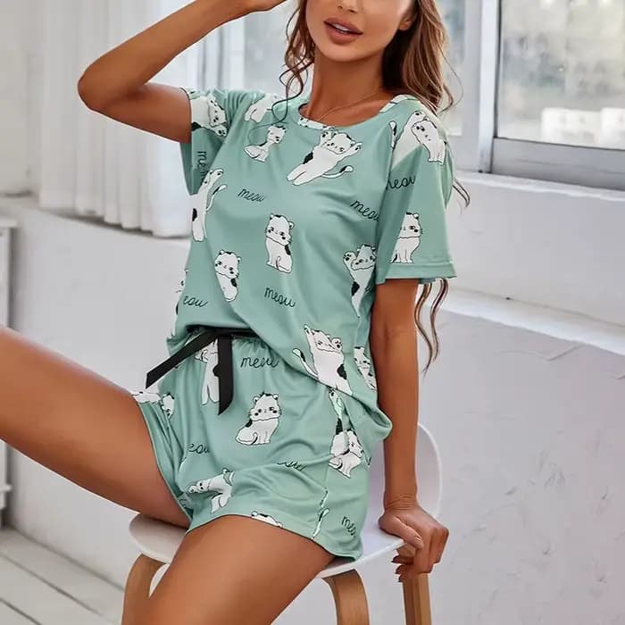 2026 Femmes décontracté mignon merdes en plein air avec Shorts Pyjamas ensembles à manches courtes vêtements de nuit 2