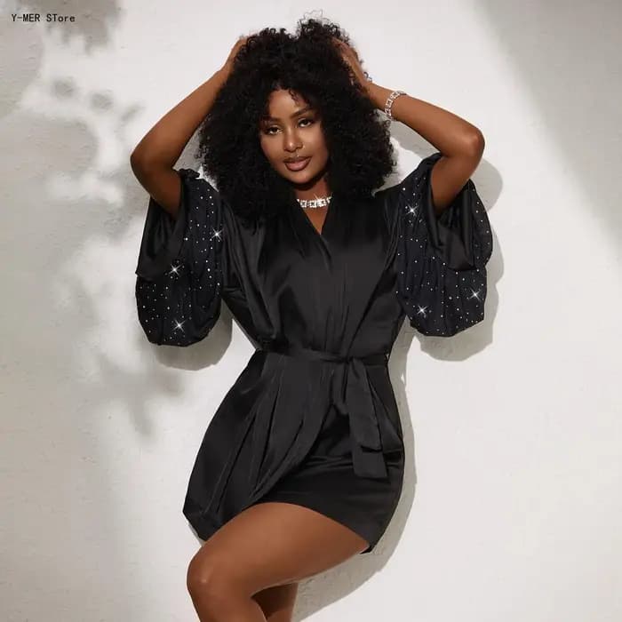 Robe Kimono Courte en Satin Brillant pour Femme