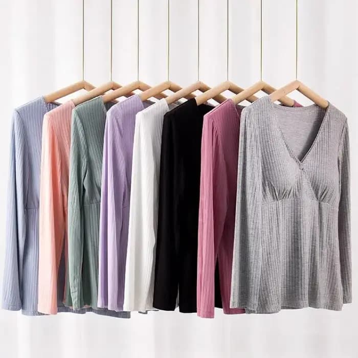 Pyjama d'Automne en Coton Rayé à Manches sulfpour Femme Enceinte