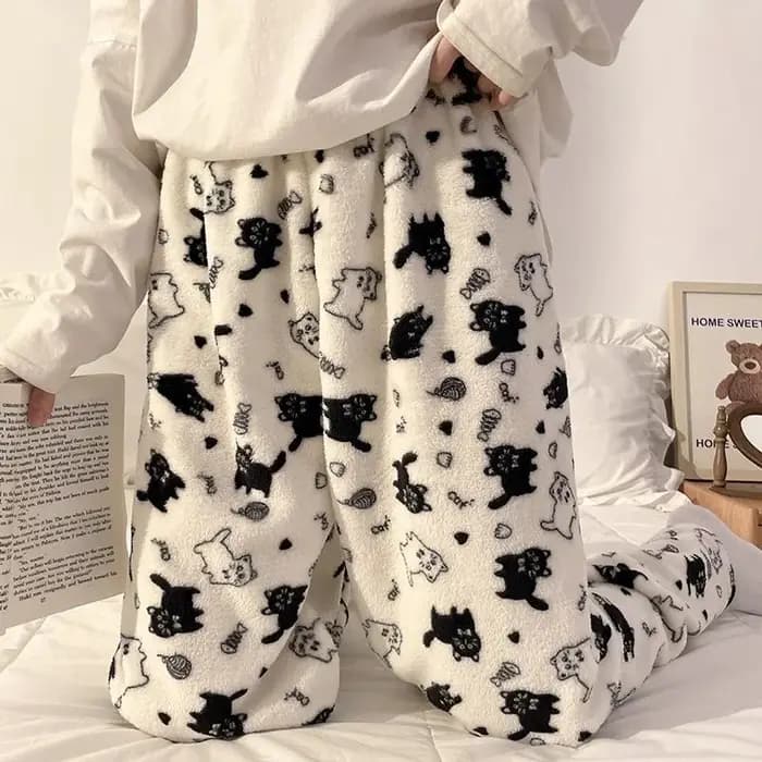 Chat noir dessin animé pyjamas pantalon Kawaii noël PJS coréen femmes hiver chaud moelleux flanelle vêtements de nuit