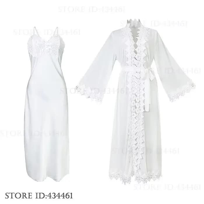 Sexy dentelle femme nuisette & robe ensemble chemise de nuit blanc glace soie jarretelle