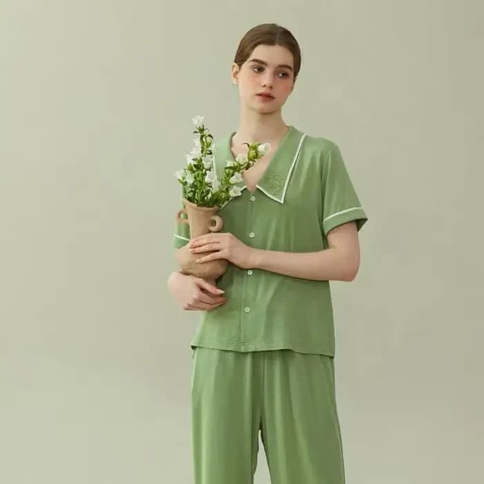 SUJIIN femmes Modal pyjama ensembles été à manches courtes Pjs confort pantalon vêtements de nuit brodé ensemble