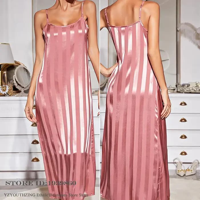 Élégant femme longue Robe chemise de nuit ensemble vêtements de détente rose rayure soie Satin Kimono peignoir