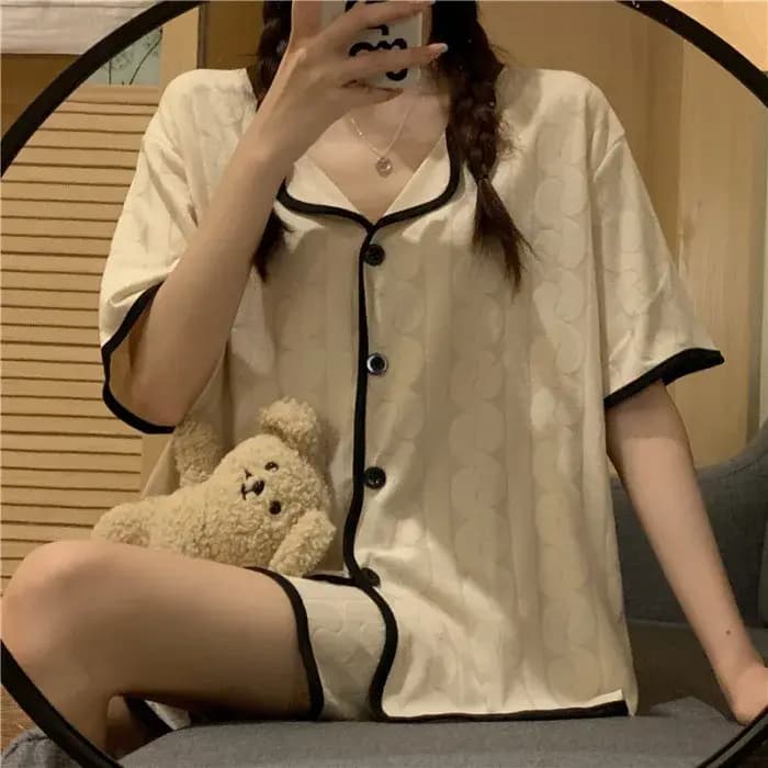 Pyjama en coton pour femme, ensemble d'été à manches courtes et short, pantalon ample à manches long