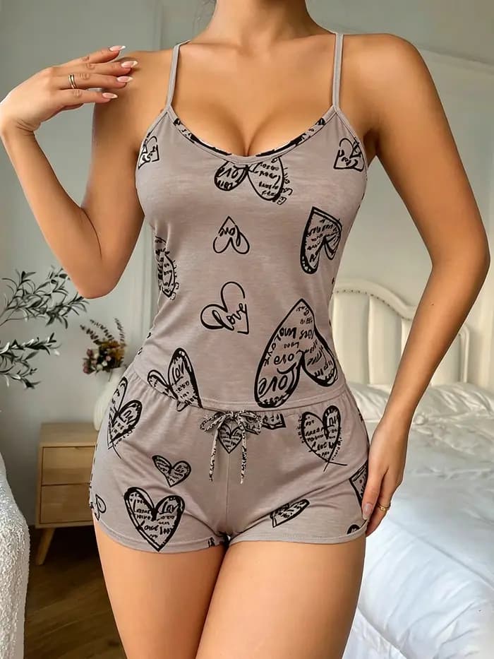 Pyjama Femme 2 Pièces Ensemble Nuisette et Short Imprimé Dessin Animé Débardeur Dos Nu en Soie Lactée Confortable Tenue de Nuit et de Détente