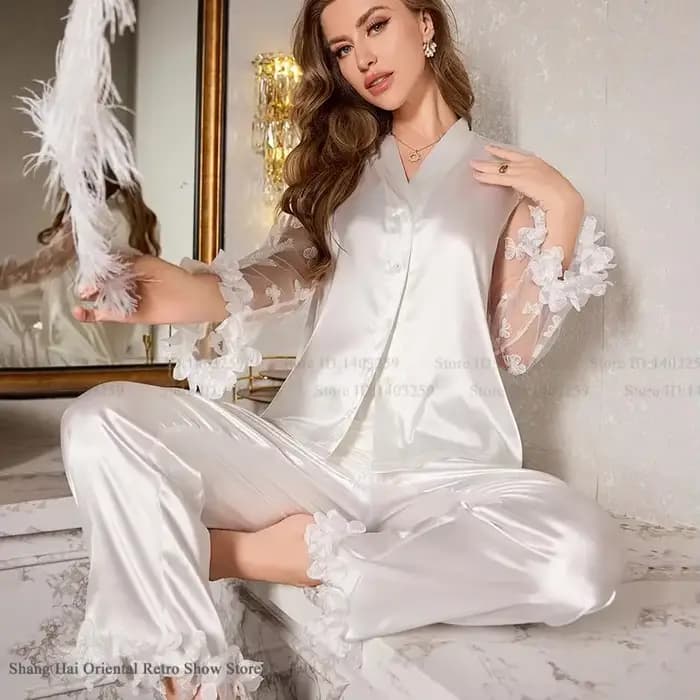 Pyjama femme 2 pièces ensemble Sexy Perspective dentelle à manches longues pantalon Pijamas costume vêtements de nuit
