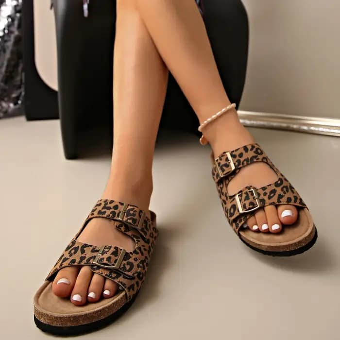 Pantoufles plates d'été légères/confortables à imprimé léopard pour femmes, pantoufles de plage à bo