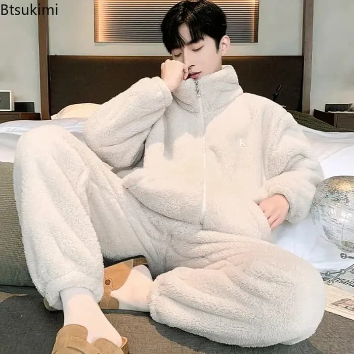 Pyjama en flanelle épais et chaud pour homme, col haut, grande taille, ample, en peluche, vêtements de détente, peut être porté à l'extérieur, en molleton de corail, nouvelle collection automne et hiv