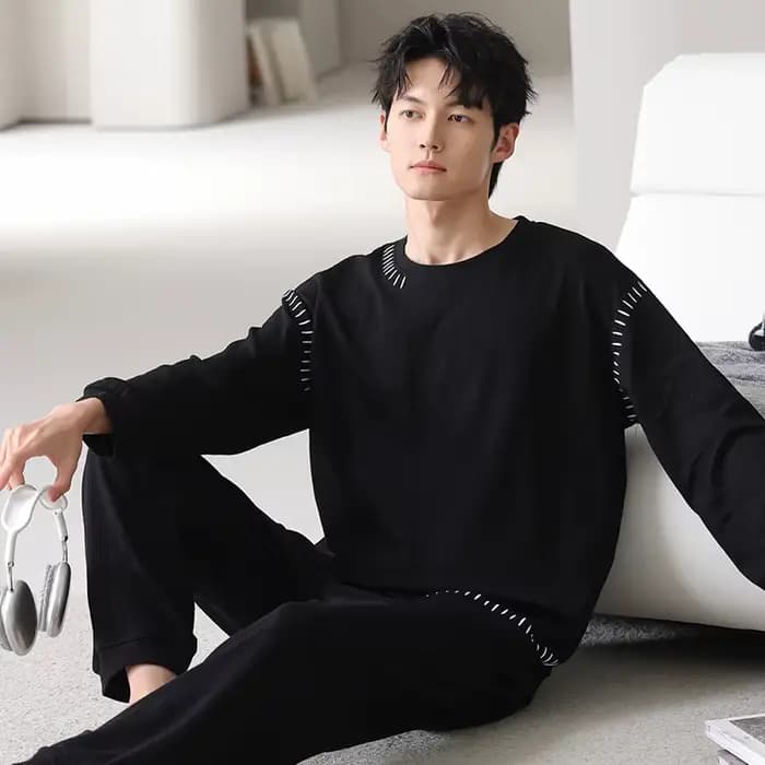 Hommes pyjamas ensemble 100% coton solide vêtements de nuit mâle à manches longues