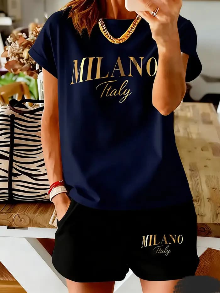 Ensemble femme Milan à imprimé lettres - Manches courtes et short - Tendance mode féminine décontractée et confortable
